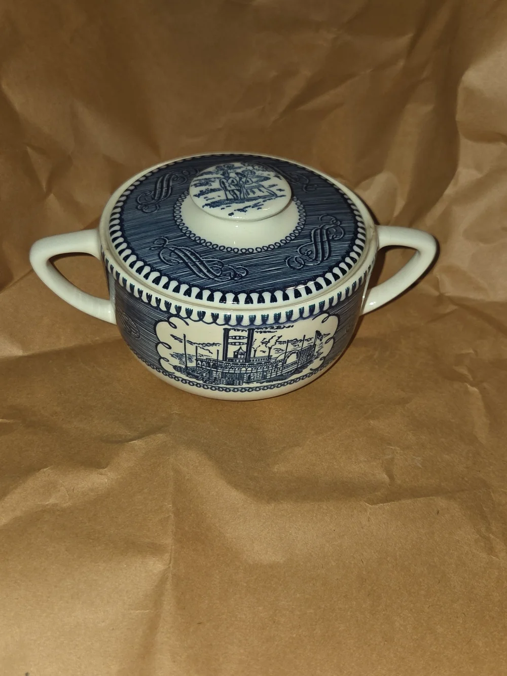 VTG Royal CURRIER & IVES BLUE Steamboat Ctr SUGAR BOWL & LID